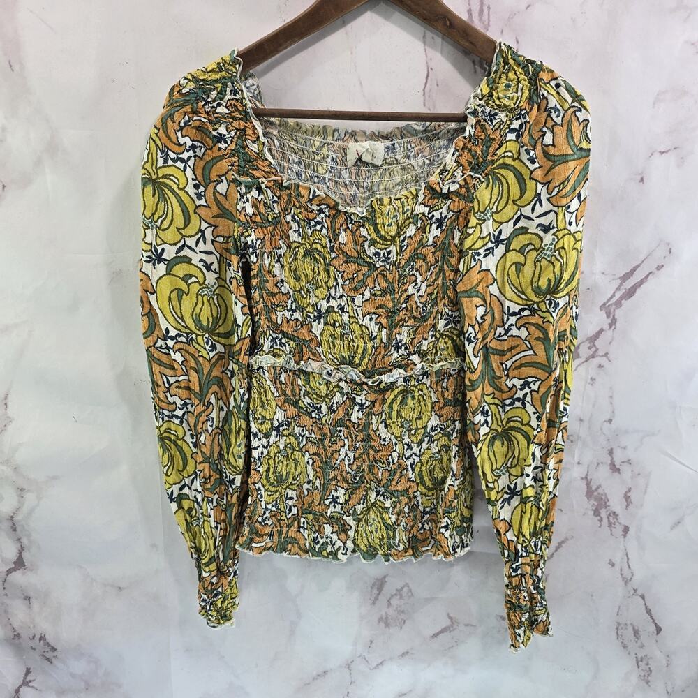 By Anthropologie Shirt Womens Small Yellow Green Floral Peasant Smocked Rayna